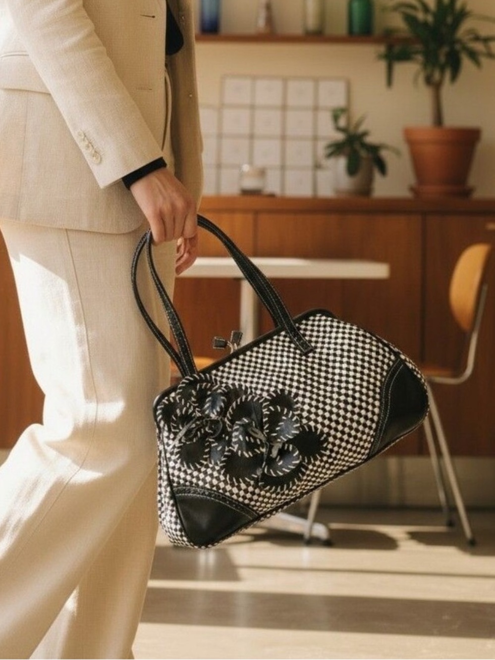 Isabella Fiore Black Woven bag, leather Applique Handbag Boho Y2K Shoulder Bag